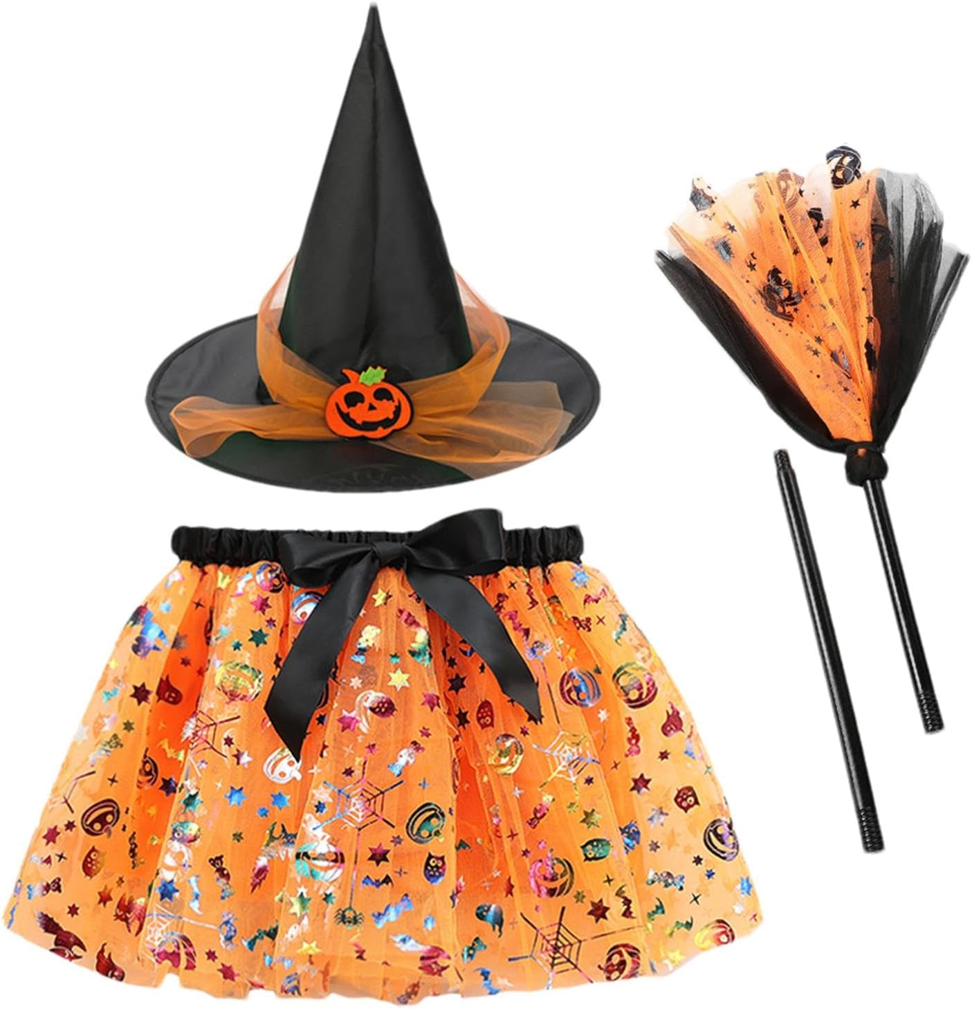 Halloween Tutu Costume | Halloween Witch Girl Skirt – Witch Skirt Kids, Tutu Dress Set with Witch Hat and Broom for 2-8 Years Old Halloween Cosplay Party Decoration