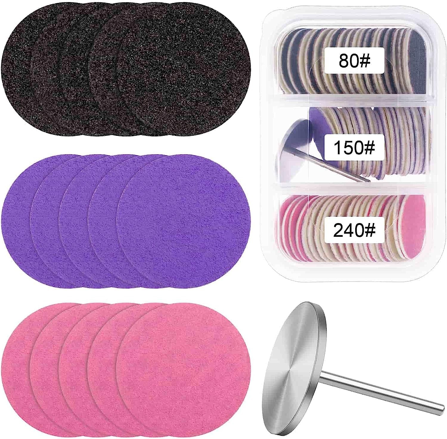 Difenni Sanding Paper Discs with Metal Nail Drill Bit Foot Sandpaper Discs 25Mm Foot File Sandpaper Discs #80#150#240 Grits for Manicure Pedicure