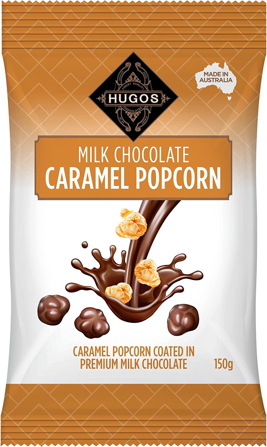 HUGOS Milk Chocolate Caramel Popcorn 150G Pack X1. Hugos Chocolates, Snacks and Sweets Are without Compromise or Comparison. Indulgent Favourites for the Perfect Sweet Popcorn Snack or Chocolate Gift