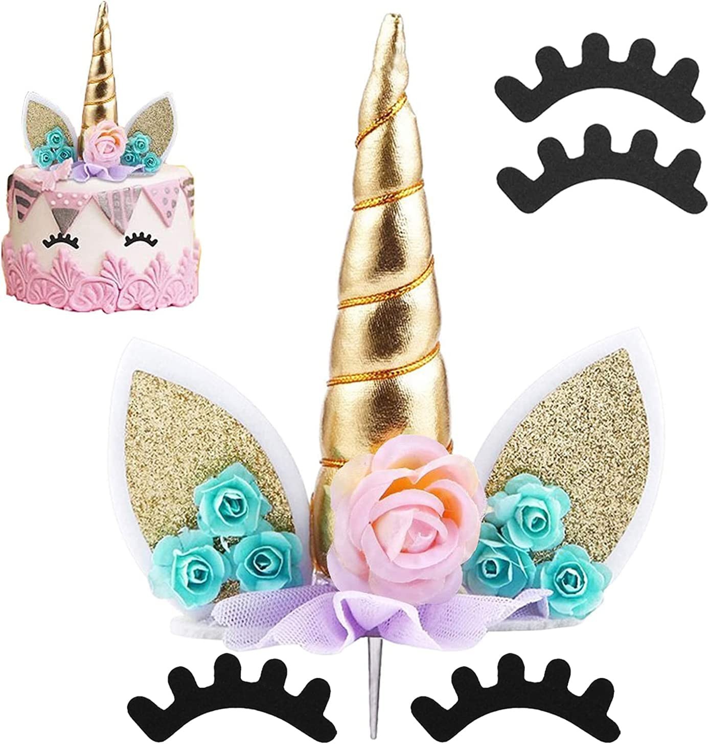 Unicorn Cake Topper Unicorn Birthday Party Supplies Unicorn Birthday Decorations for Girls Unicorn Cake Decoration Unicorn Horn First Birthday Cake Topper Kit with Eyelashes, 5.8 Inch