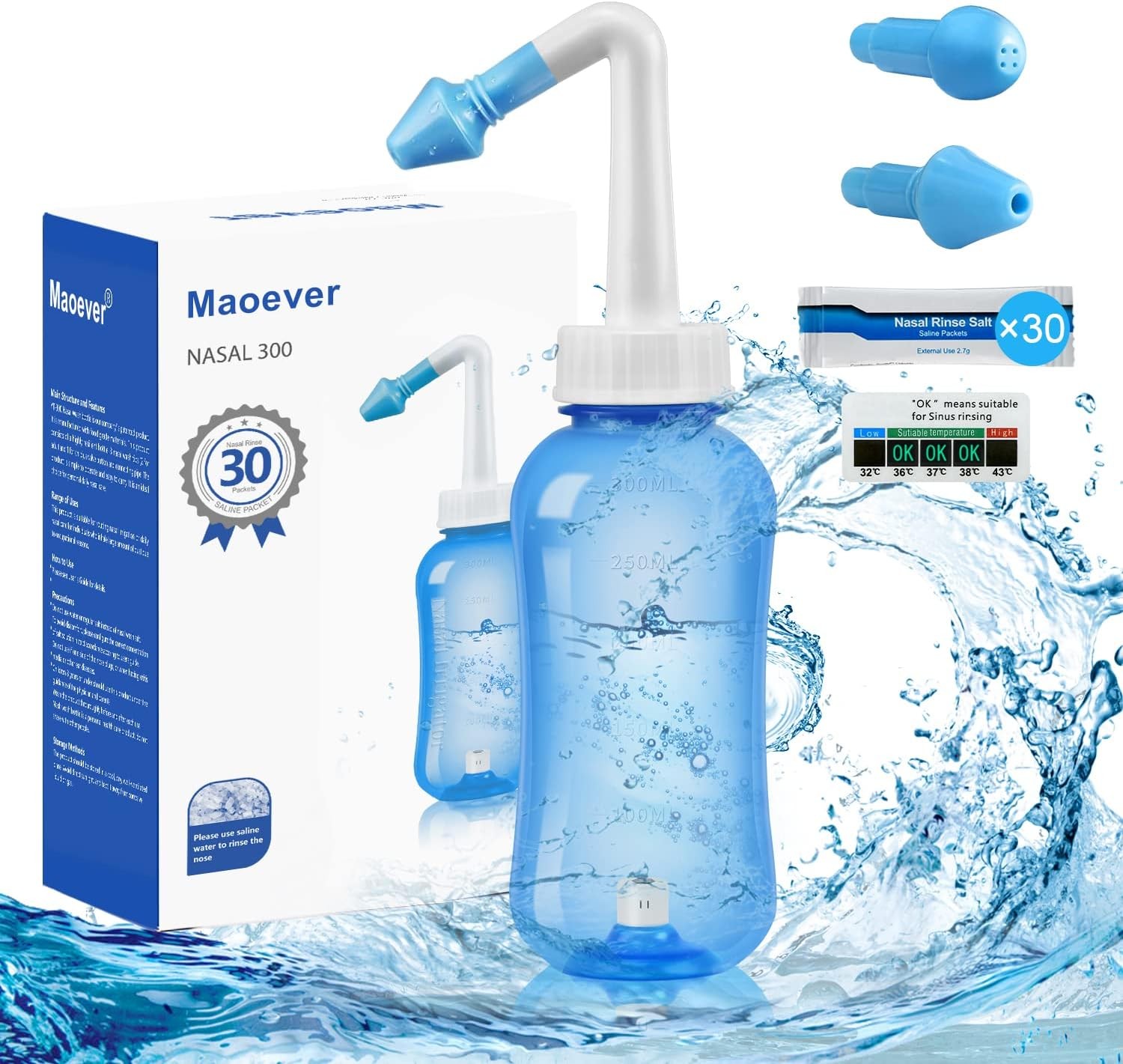 MAOEVER Neti Pot Sinus Rinse Nasal Wash 300ML Neti-Pot with 30 Nasal Wash Salt Packets and Sticker Thermometer Nose Cleaner Washing Bottle Cleaner Pressure Irrigation for Adult & Kid BPA Free (Blue)