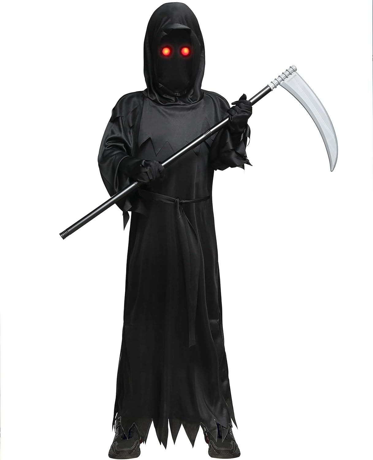 Gigoitly Halloween Grim Reaper Costume for Kids Boys Scary Phantom Costume with Glowing Light up Red Eyes