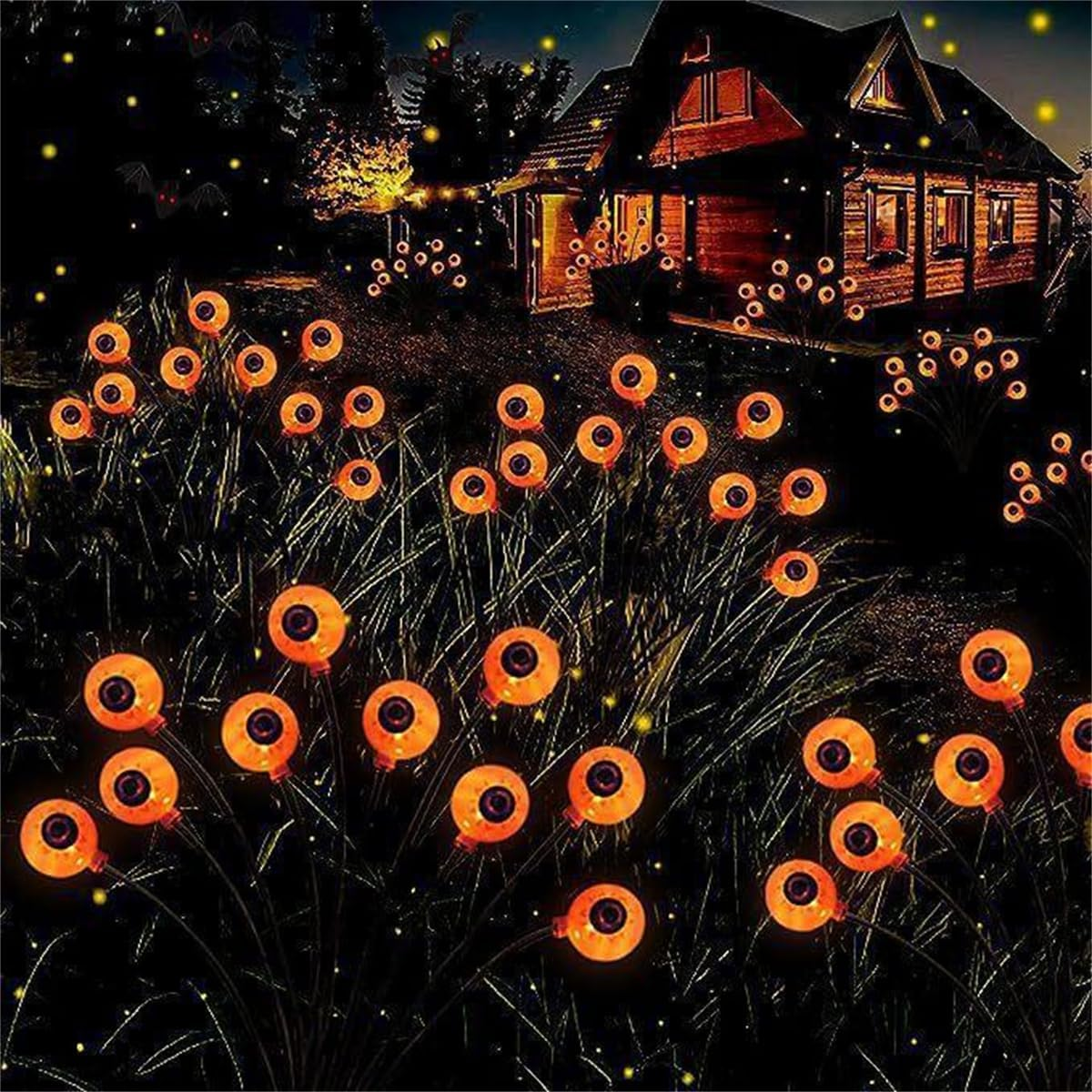 Halloween Decorations Outdoor, 4 Pack 24LED Solar Eyeball Pathway Lights, Scary Waterproof Solar Green Firefly Lights for Garden Lawn Yard Decor (Orange)