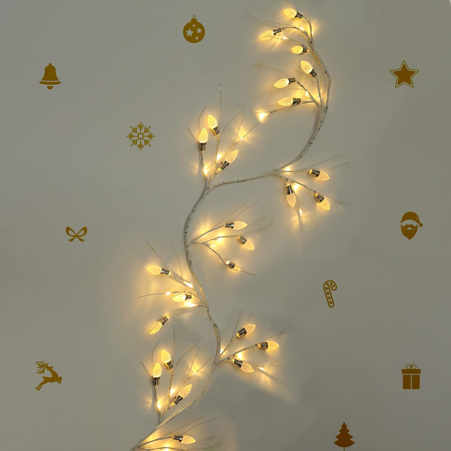 Christmas Garland Decoration with Lights, 6.5FT 48LED Warm White Pinecone Blub Christmas String Lights, Xmas Twig Vine Lights Battery Operated Indoor Outdoor Christmas Tree Winter Party Decorations