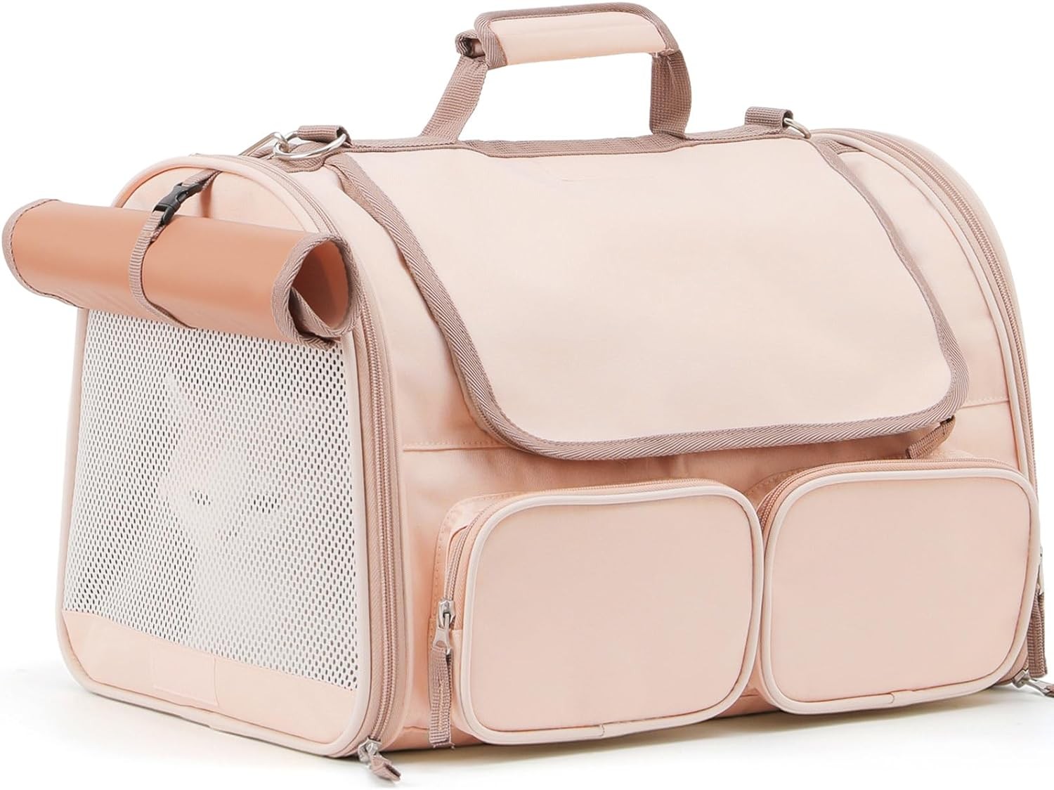 FUKUMARU Cat Carrier, 4 Mesh Windows Small Dog Carrier, 4 Storage Pockets Cat Travel Bag, under 15 Lb Airline Approved Pet Carrier, Rollable Cover for Nervous Cats, Pink