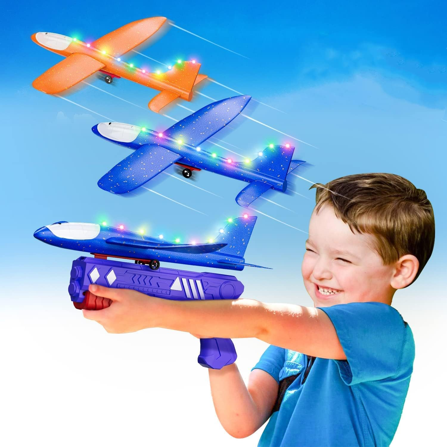 Launcher Airplane Toy, 3 4 5 6 7 8 9 10 11 12 Year Old Boy and Girl Birthday Gift Kids Toys, 12.6 Inch Flight Mode Toddler LED Foam Glider for Outdoor Game Activities Party Favors