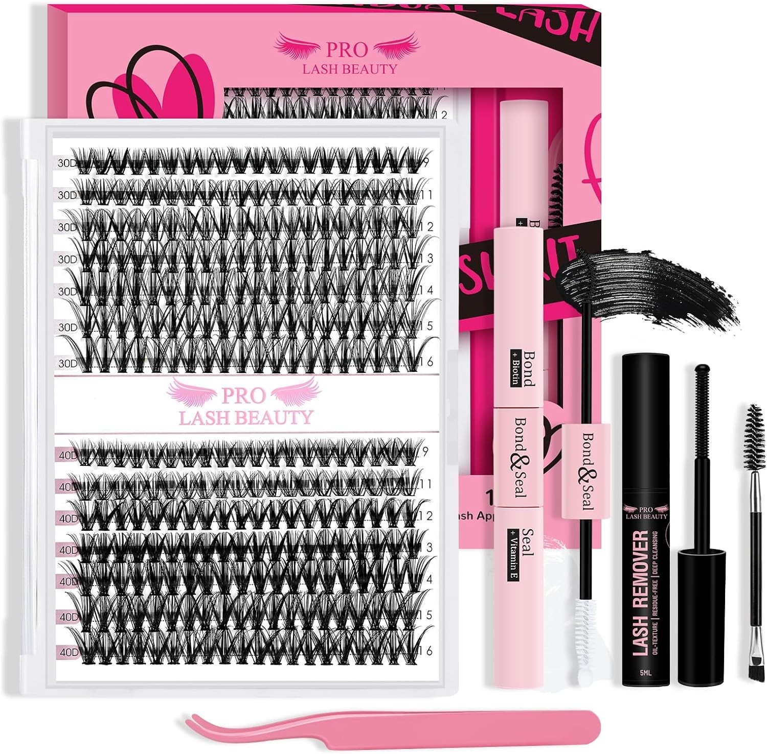 𝑷𝑹𝑶 DIY Lash Extension Kit 280Pcs Lash Clusters Eyelash Extension Kit with Lash Bond and Seal Lash Applicator Individual Lashes Kit Eyelash Brush DIY Various Styles Easy to Apply at Home(30D+40D-9-16Mix Kit)