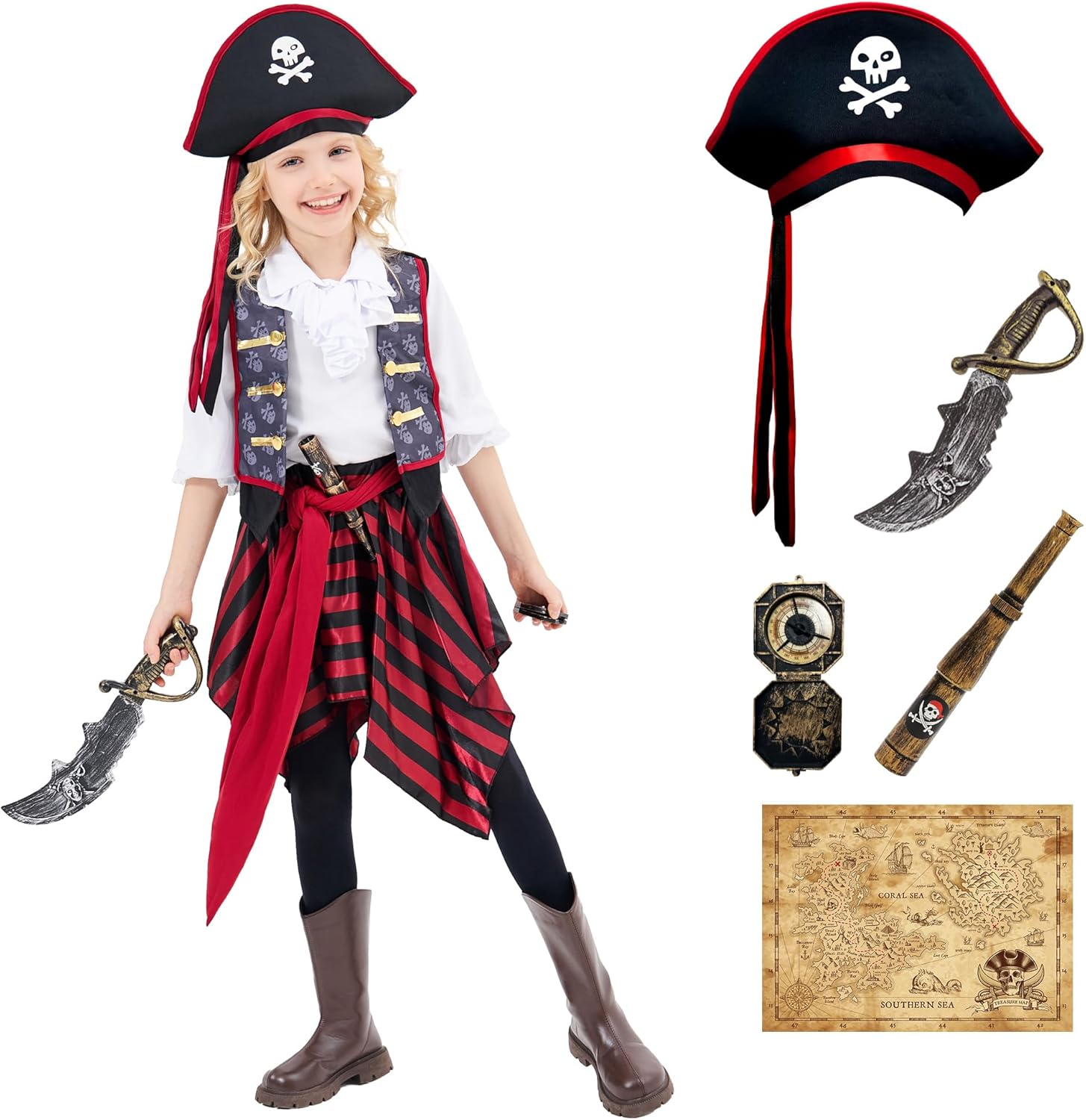 RMMD Girls Pirate Costume Kids Toddler Halloween Costumes for Girls Kids Ages 3-12 Dress up Cosplay Pretend Role Play Set 8 in 1