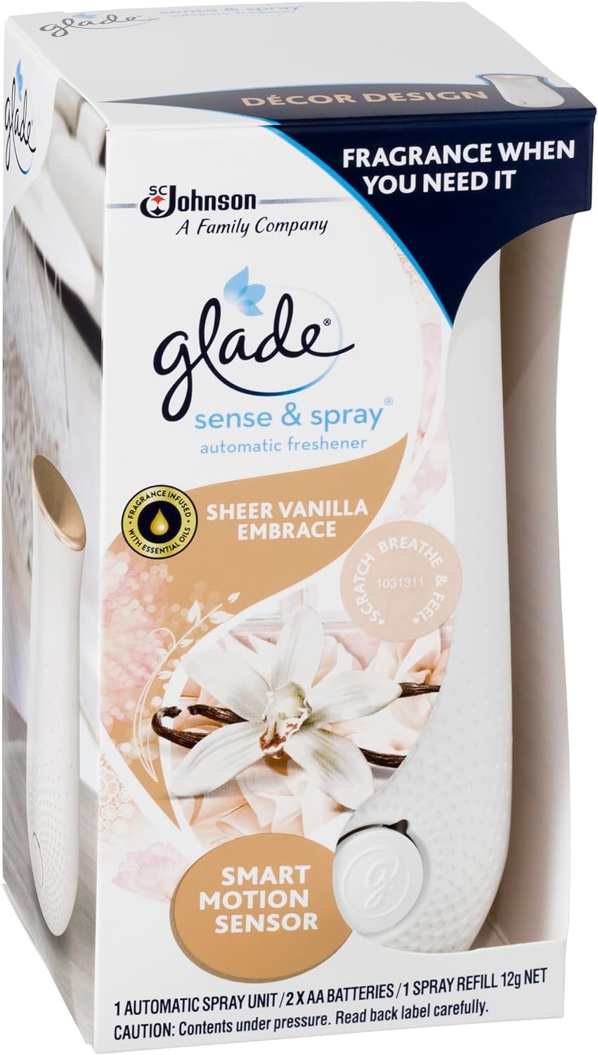 Glade Sense and Spray Automatic Air Freshener Spray Kit, Smart Motion Sensor, Home Fragrance Infused with Essential Oils, Sheer Vanilla Embrace Scent, 1 Spray Unit and 1 Spray Refill, 12G, 1 Pack