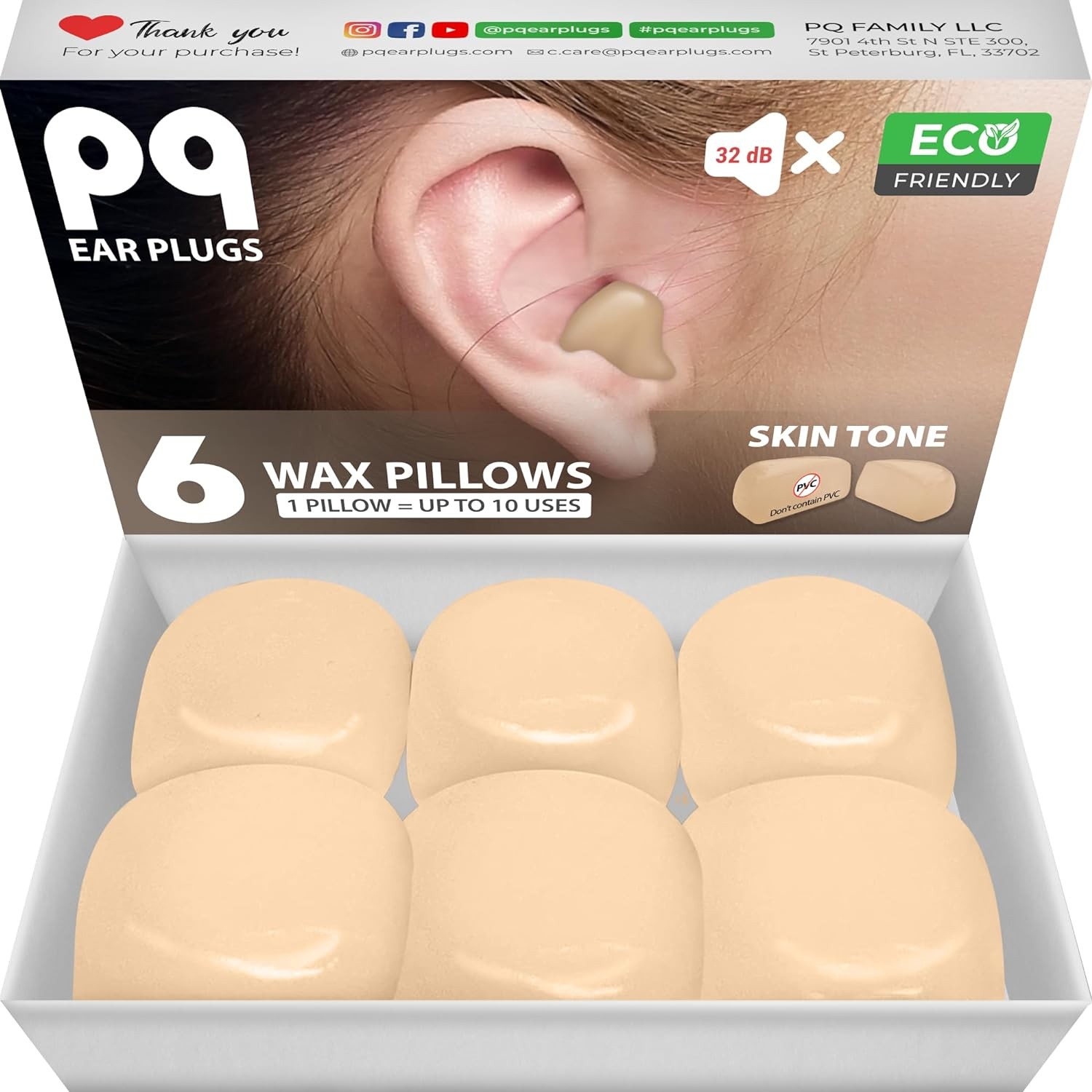 PQ Wax Ear Plugs for Sleep – 6 Silicone Wax Earplugs for Sleeping and Swimming – Gel Ear Plugs for Noise Cancelling, Ear Protection – Sleeping Earplugs with Sound Blocking 32 Db (6-Pillows). Beige