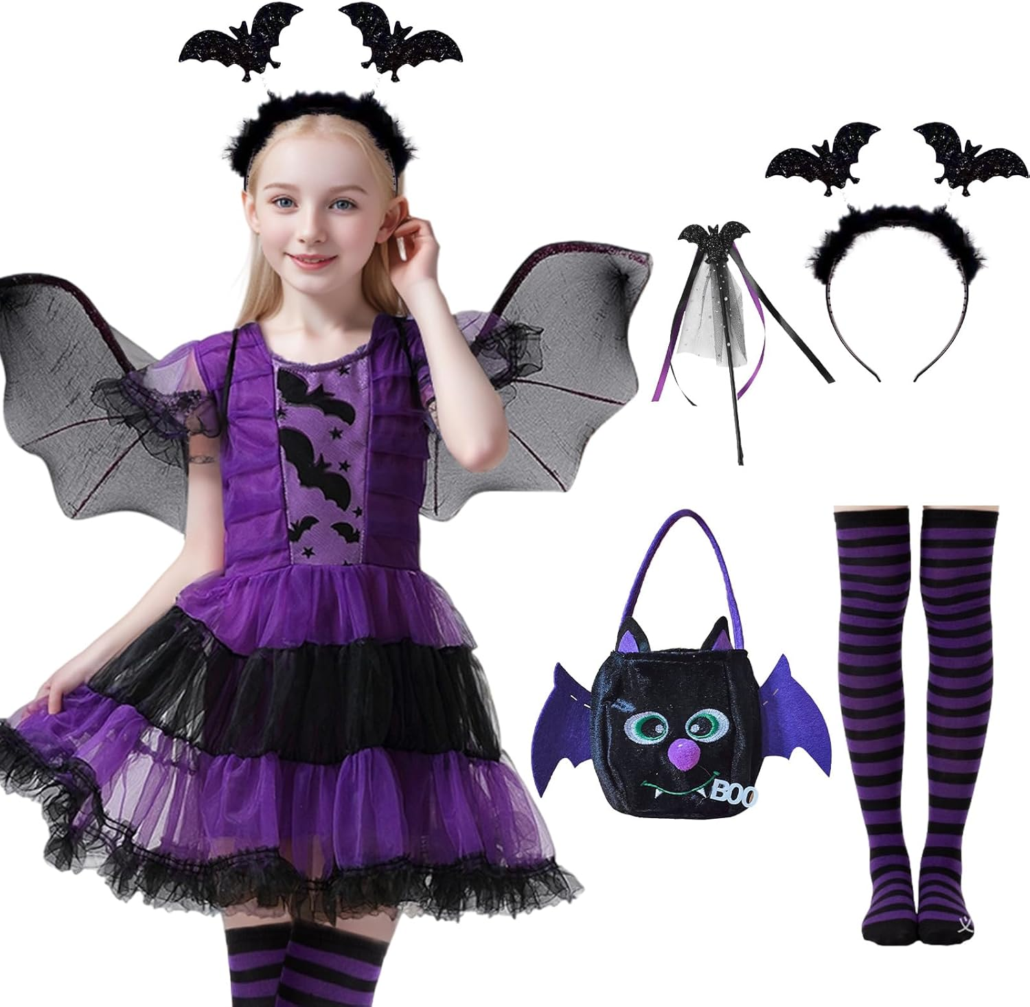 Bat Vampire Costume Kids Halloween Costumes Girls Bat Tutu Dress with Bat Wings Headband Candy Bag Magic Wand Outfit Fancy Dress up Halloween Party Vampire Princess