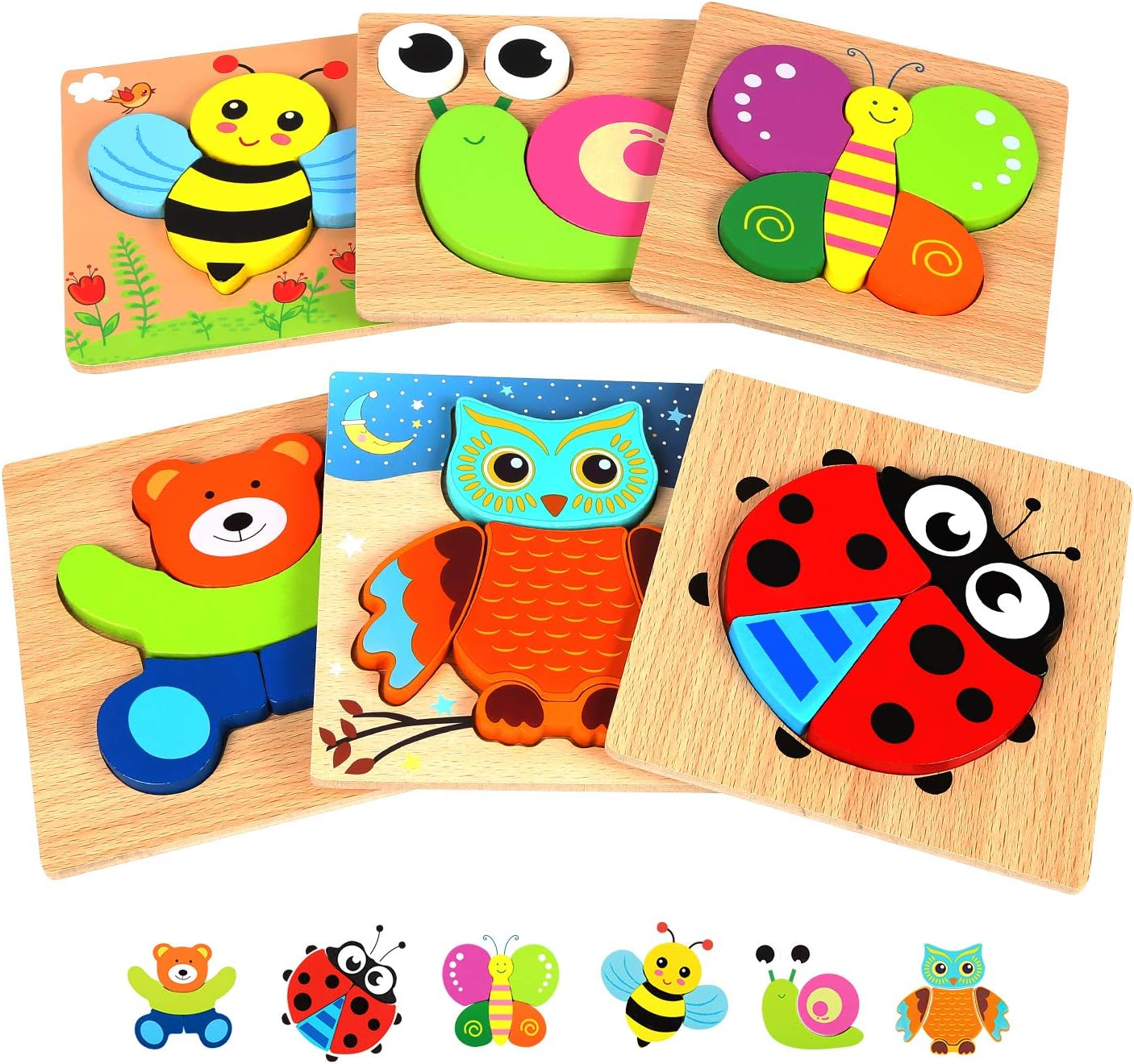 Springflower Wooden Jigsaw Puzzle Set,6 Pack Animal Shape Color Montessori Toy,Easter Basket Toy,Fine Motor Skill Early Learning Preschool Educational Gift Game for 1 2 3 4 5 Years Old Kid Toddler