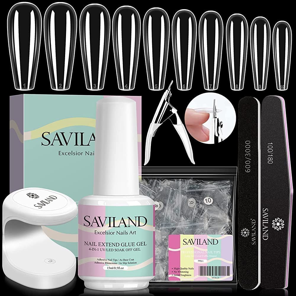 Saviland Nail Tips and Glue Gel Kit- Nail Extension Kit with 500PCS Long Coffin Nails Tips and 15ML 4-In-1 Nail Glue Gel, Nail Tips Acrylic Nail Kit with U V LED Nail Lamp for Nail Art DIY Salon at Home Gift for Women