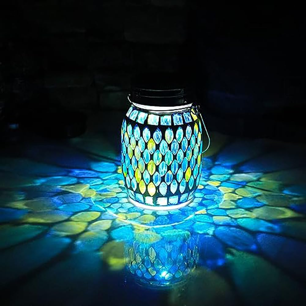 Solar Christmas Lights,Mosaic Solar Lanterns Outdoor Hanging Lights, Outdoor Waterproof Solar Night Lights, Garden,Patio,Pathway & Yard Décor(Blue Lantern)