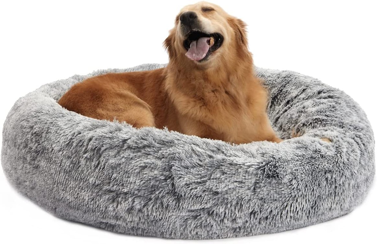 Bedfolks Calming Donut Dog Bed, 91CM round Fluffy Dog Beds for Large Dogs, Anti-Anxiety Plush, Machine Washable Pet Bed (Dark Grey, Large)