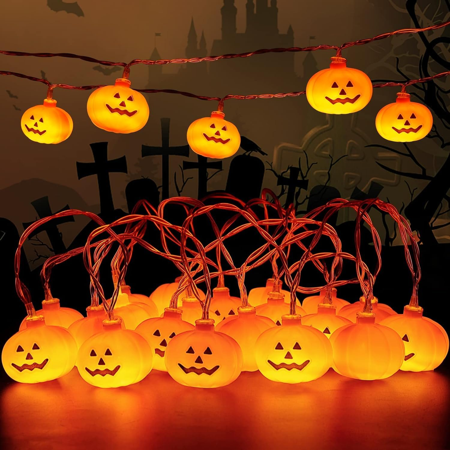 KAILEDI Halloween String Lights, LED Pumpkin Lights, Holiday Lights for Outdoor Decor,2 Modes Steady/Flickering Lights(20 One Pumpkin Lights, 9.8 Feet) (Pumpkin)