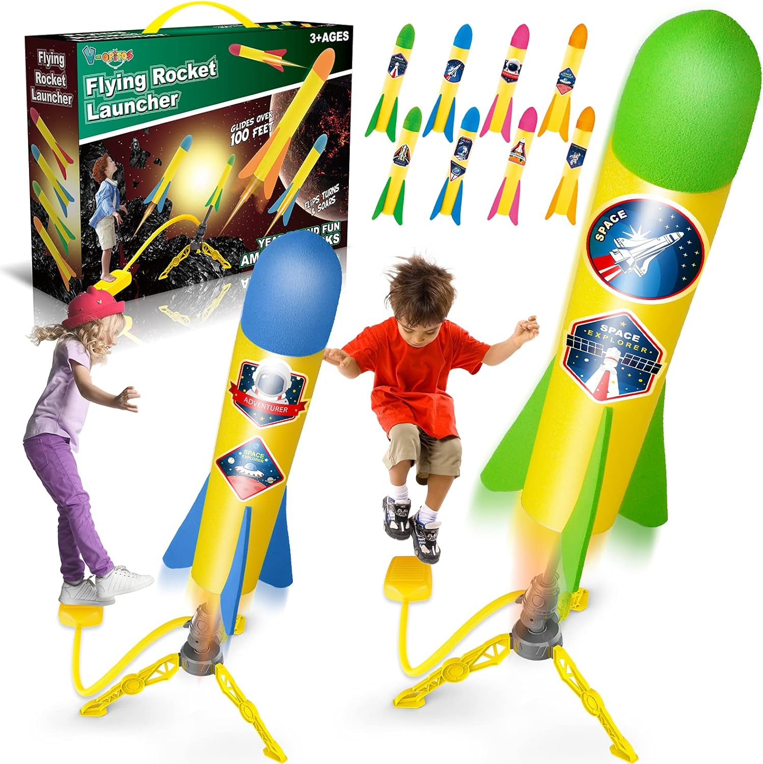 V-Opitos Rocket Launch Toys for Kids Age of 3, 4, 5, 6, 7, 8 Year Old Boys & Girls, 2 Pack Rocket Launchers with 8 Colorful Foam Rockets, Top Outdoor Game, Ideal Christmas & Birthday Gift