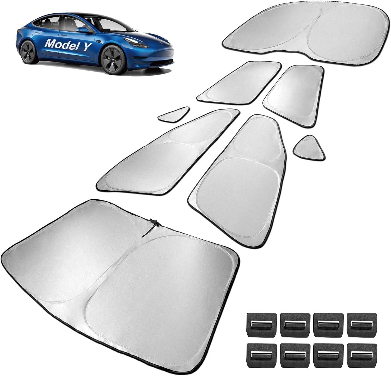 Spurtar 8Pcs Tesla Model Y Sunshade, All-Around Anti-Uv Side Window Sun Shade Set for 2019-2023 Model Y for Windshield Front Door Rear Door Rear Quarter Rear Window