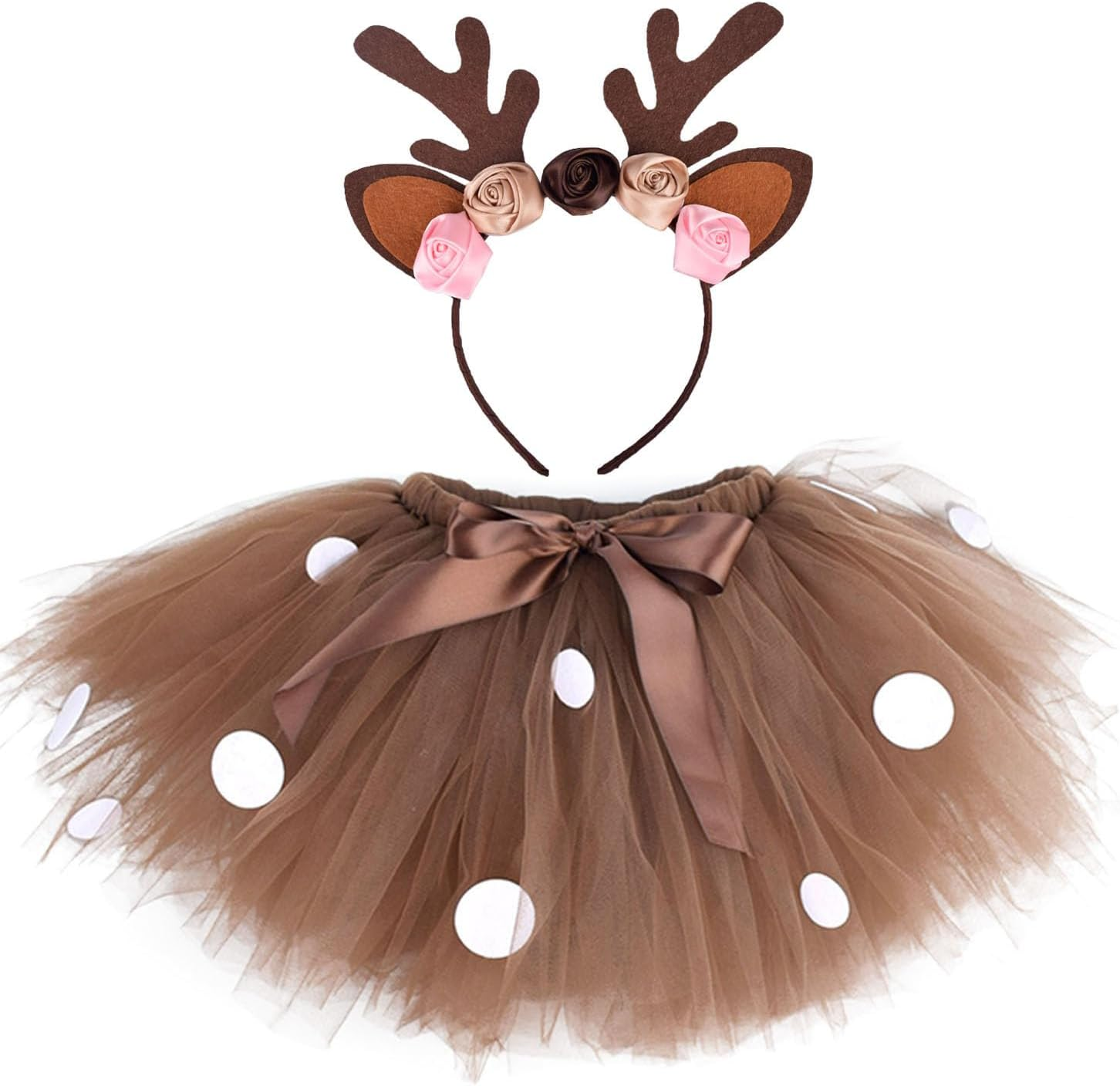 Hifot Reindeer Costume Kids,Reindeer Antlers Headband Tutu Skirt Fancy Dress for Girls Halloween Costume Christmas Party Dress up Outfit Brown