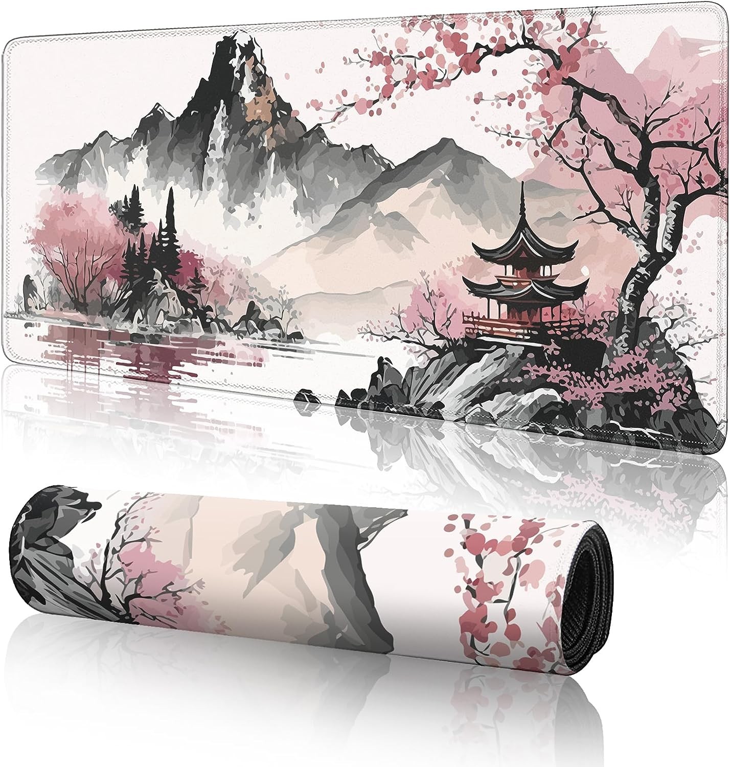 Watercolor Cherry Blossom Large Gaming Mouse Pad,Mouse Pad Gaming 31.5 X 11.8 in Mouse Mat Desk Pad,Large Desk Mat,Extended Keyboard Mousepad with Non-Slip Base and Stitched Edge for Desk Home Office