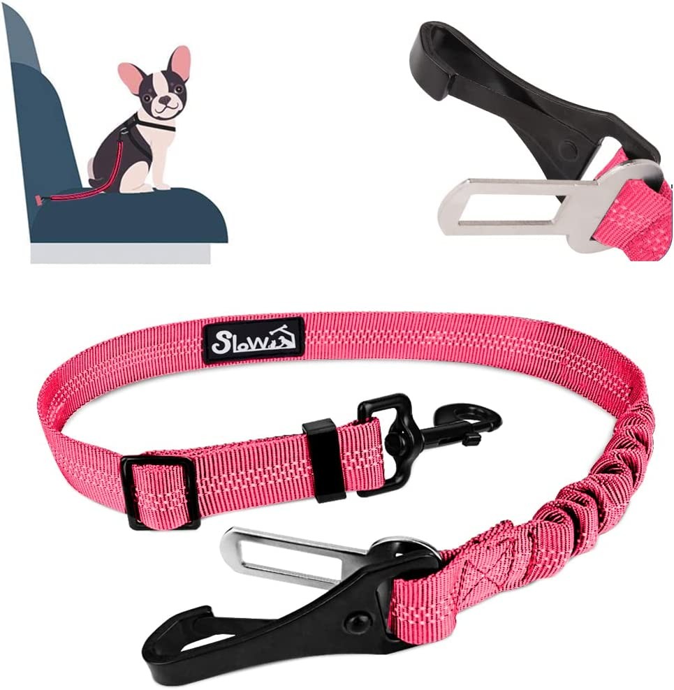 Slowton Dog Seat Belt, 2 in 1 Attachment Dog Car Harnesses Belt, Hook Latch Bar & Seatbelt Buckle with anti Shock Elastic Nylon Bungee Buffer, Adjustable Reflective Duty Pet Safety Belts for Vehicle