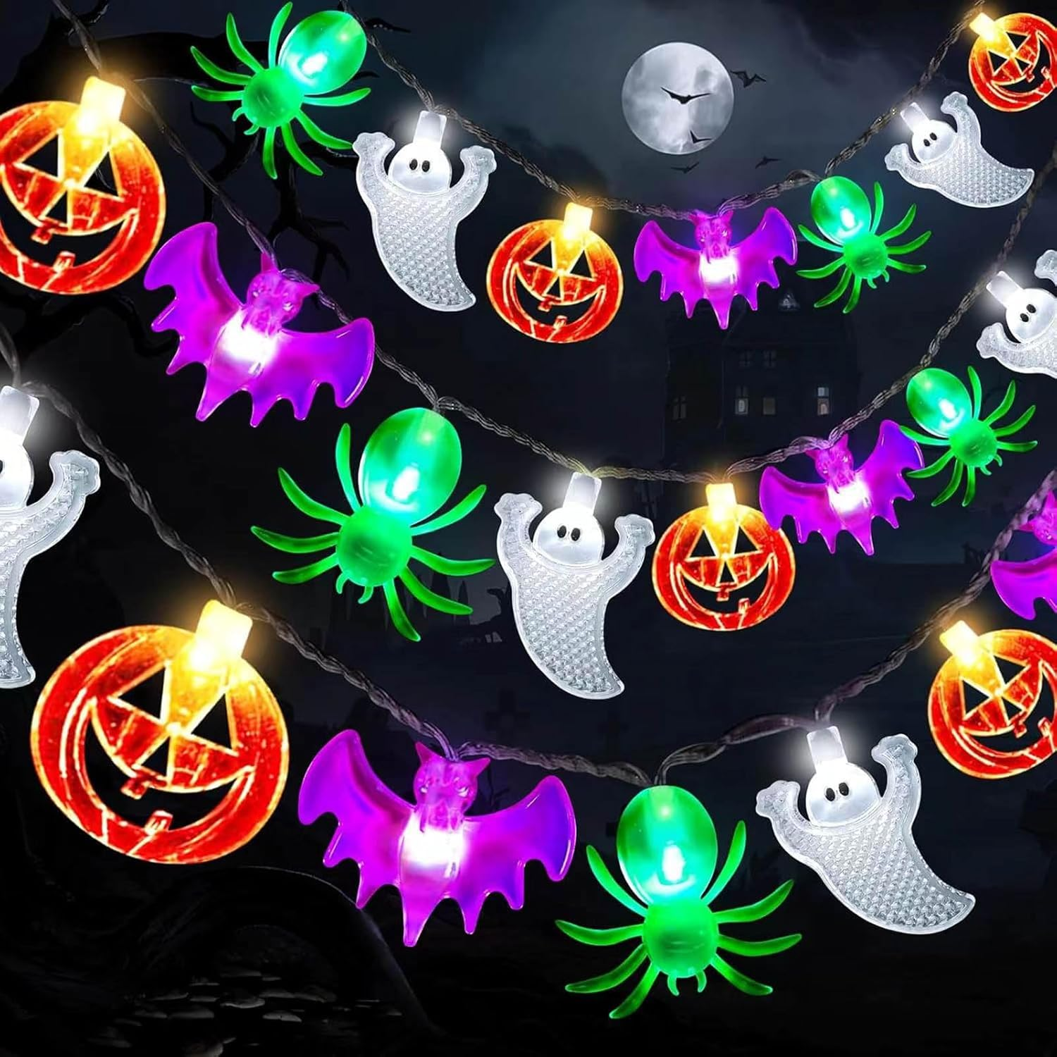 KEELYY Halloween Decorative Fairy Lights, 3 M 20 LED Halloween Fairy Lights, Pumpkin Spider Ghost Bat Colourful Halloween Decoration Light, Battery Operated Lighting for Halloween Party Indoor Outdoor