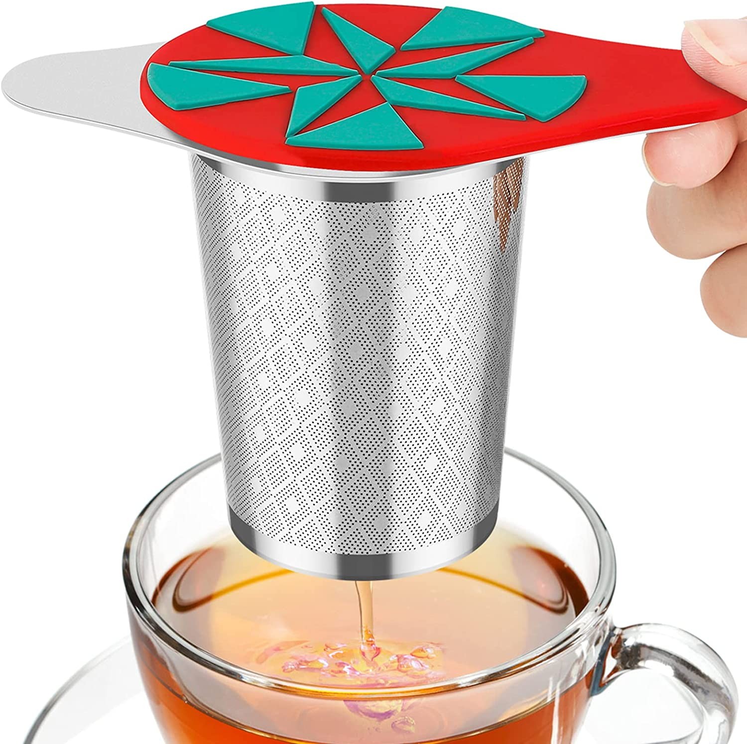 LULLATTI Extra Fine Mesh Tea Infuser Basket with Red Silicone Lid, 18/8 Stainless Steel Large Capacity Tea Strainer for Brewing Tea, Coffee, Iced Tea – Fits Mugs/Cups/Mason Jars/Pitcher