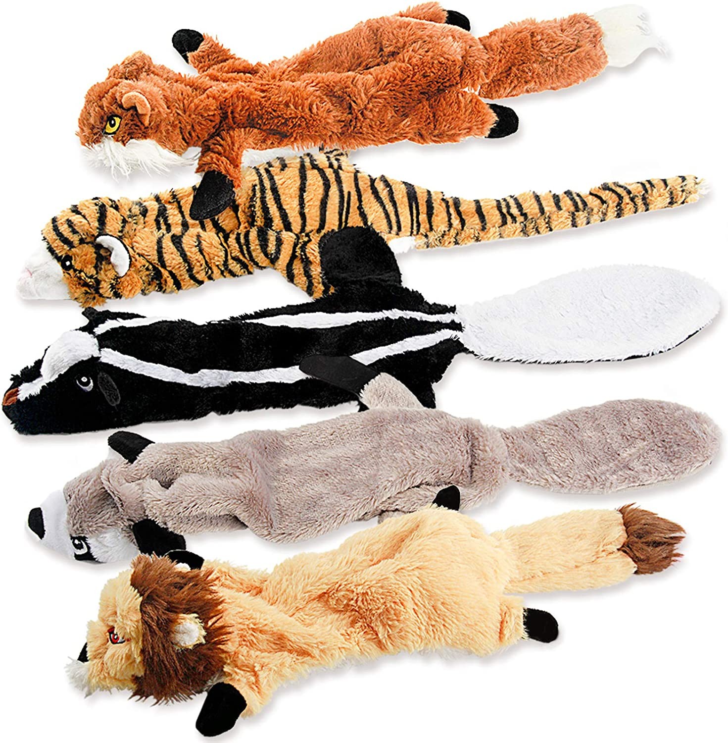 Dog Squeaky Toys, No Stuffing Plush Pet Chew Toy for Small Medium Large Puppy, 5 Pack Two Squeaky Cute Animals (Raccoon Squirrel Tiger Fox and Lion)