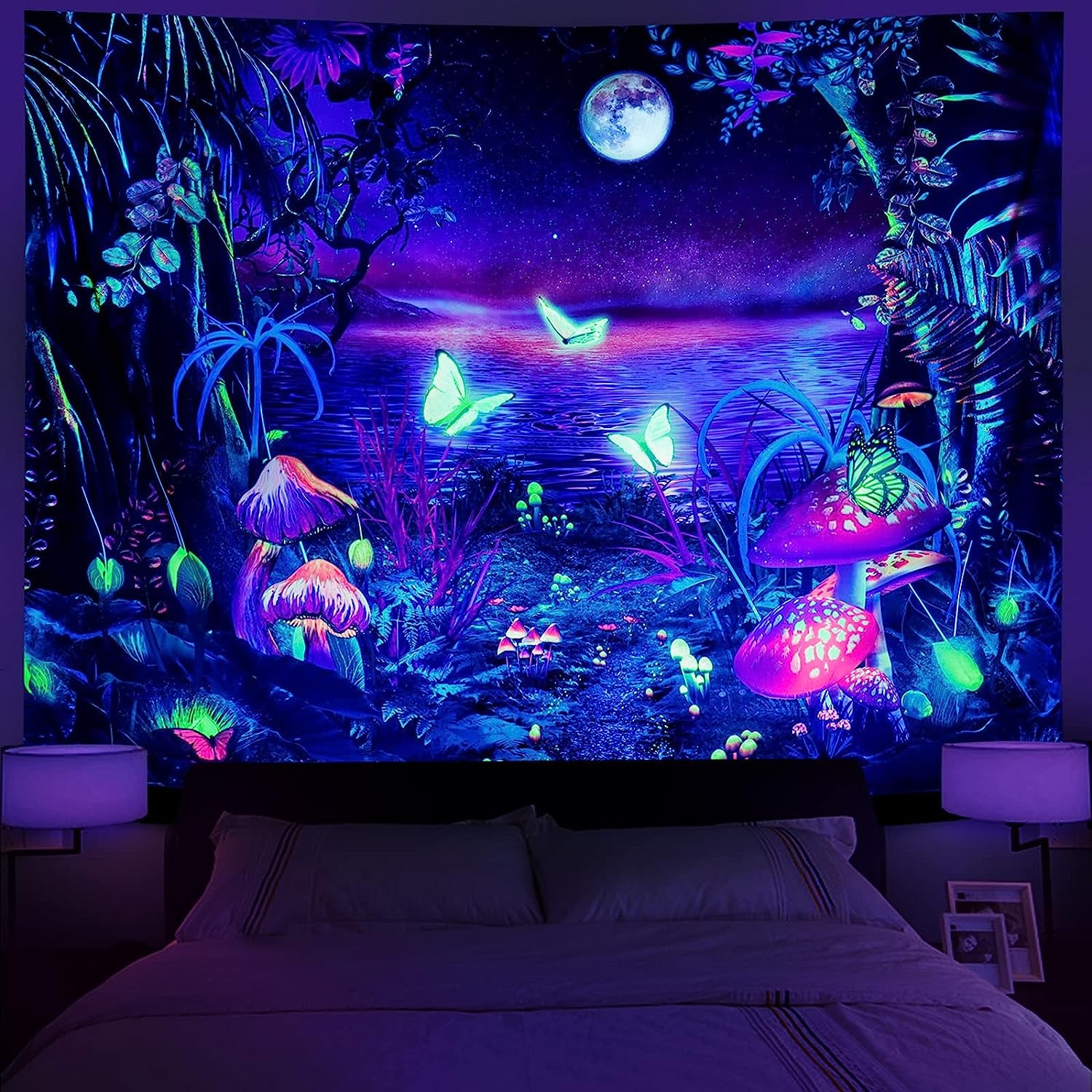 Serborlur Blacklight Fantasy Forest Tapestry Trippy Mushroom UV Reactive Butterfly Aesthetic Tapestries Galaxy Moon Space Wall Hanging for Bedroom Living Room XL-94.5” X 70.8”