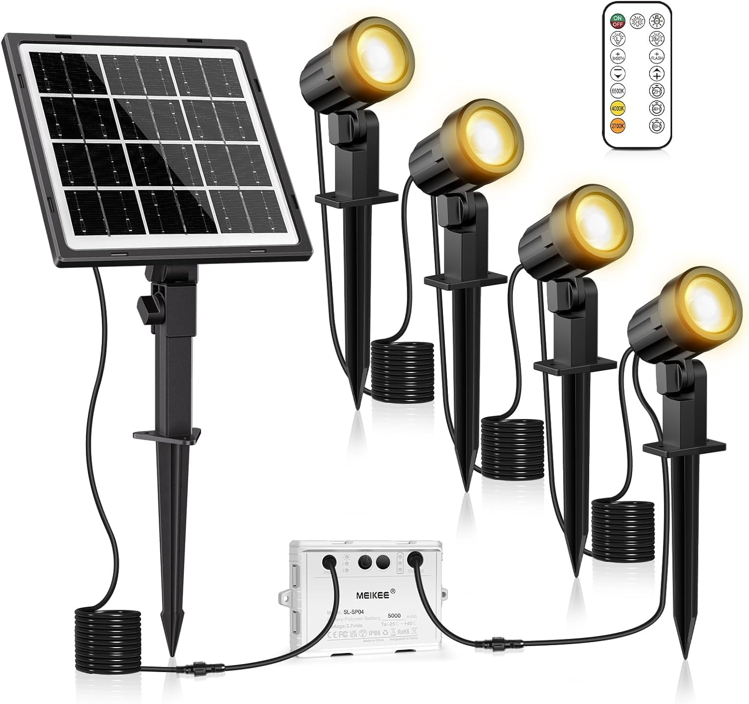 MEIKEE Solar Outdoor Spotlights, 4 in 1 Solar Garden Lights, IP66 Waterproof, LED Solar Powered Spot Lights with Remote Control, 3 Lighting Modes, Brightness Adjustable, Timing, for Yard Garden Pool