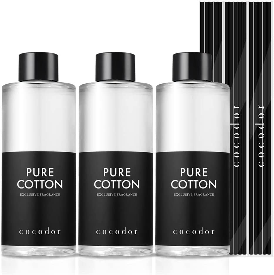 COCODOR Diffuser Oil Refill – Pure Cotton – 200Ml, 3 Pack- 15 Reed Sticks – Reed Diffuser Scented Oils, Oil Diffuser & Reed Diffuser Sticks, Room Décor & Office Décor, Home Fragrance