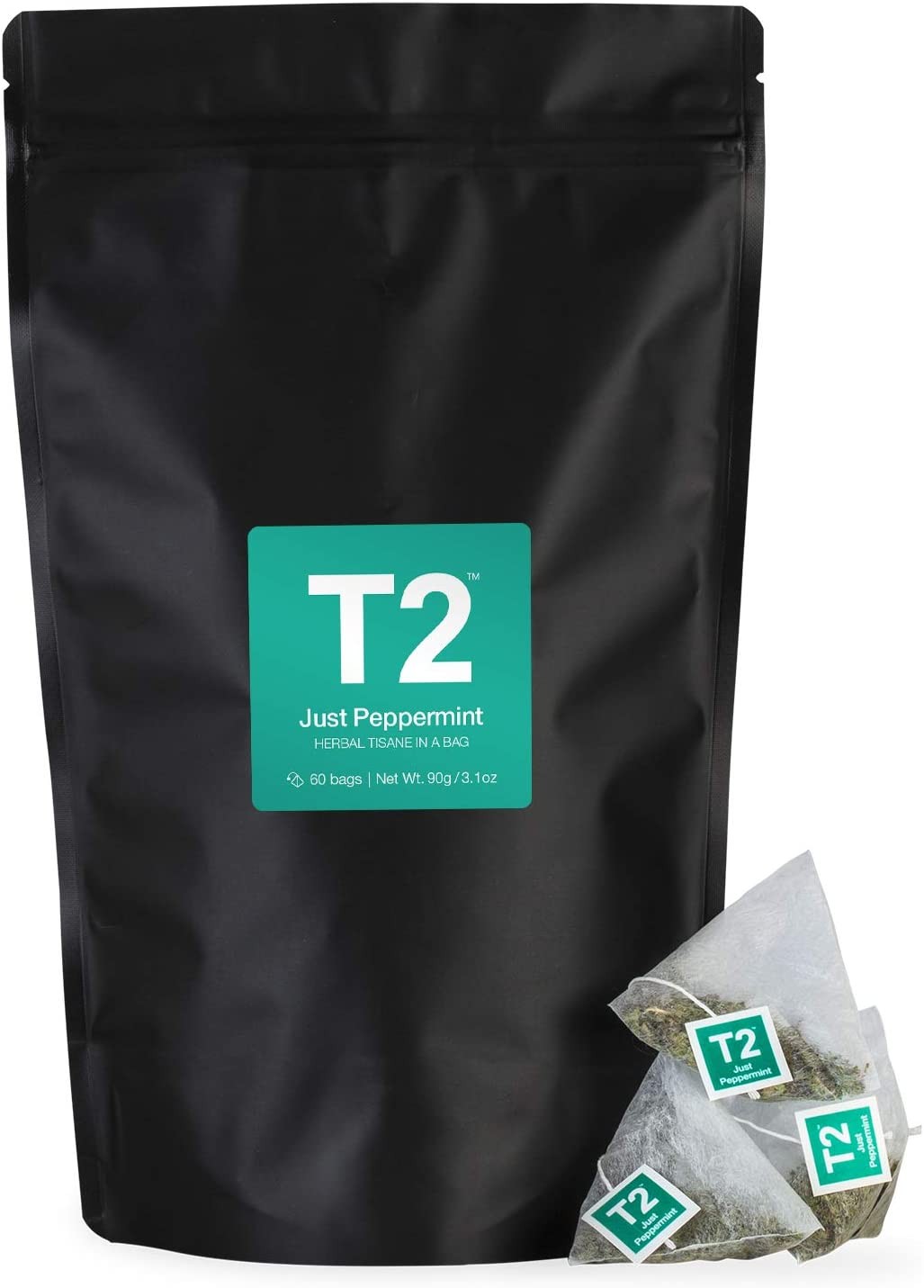 T2 Tea Just Peppermint Herbal Tea Bags in Resealable Foil Refill Bag, 60 Count