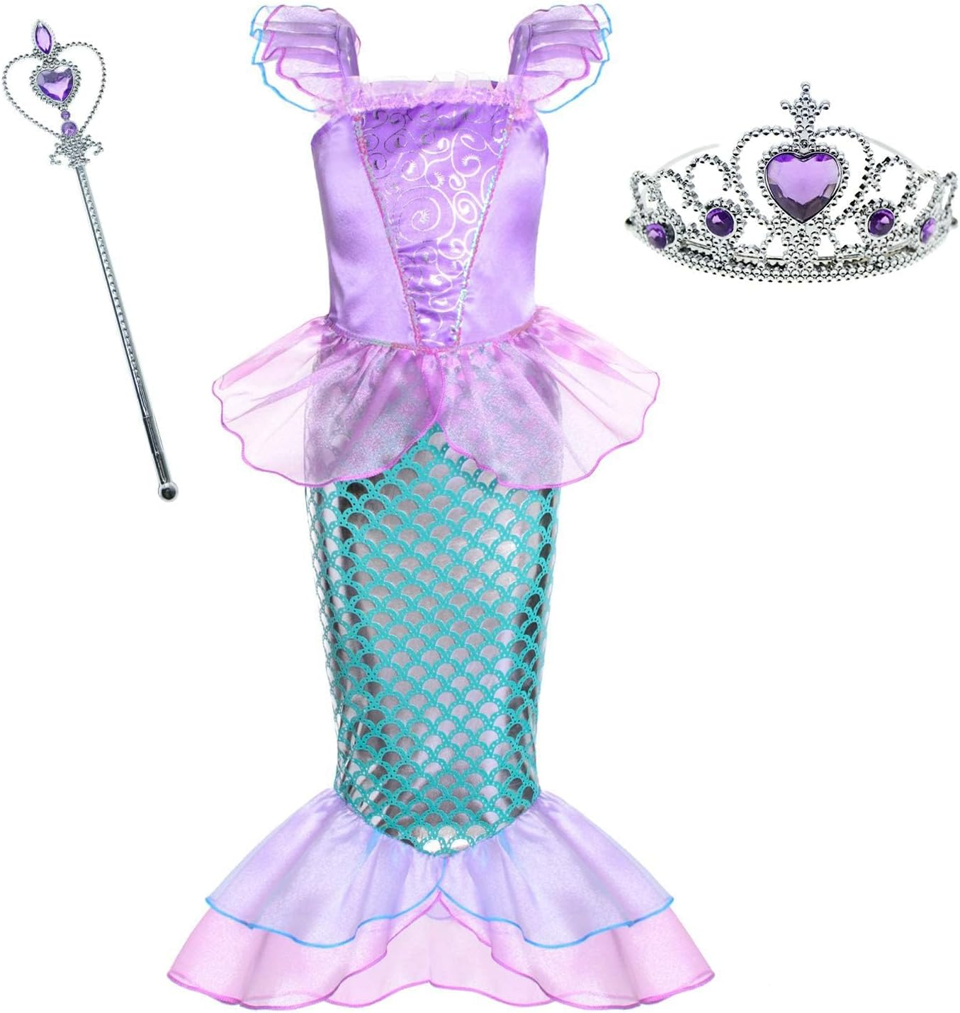 AUTOWT Little Girls Mermaid Princess Costume, Girls Dress up Clothing with Purple Wand Crown for Birthday Halloween Christmas School Cosplay Party