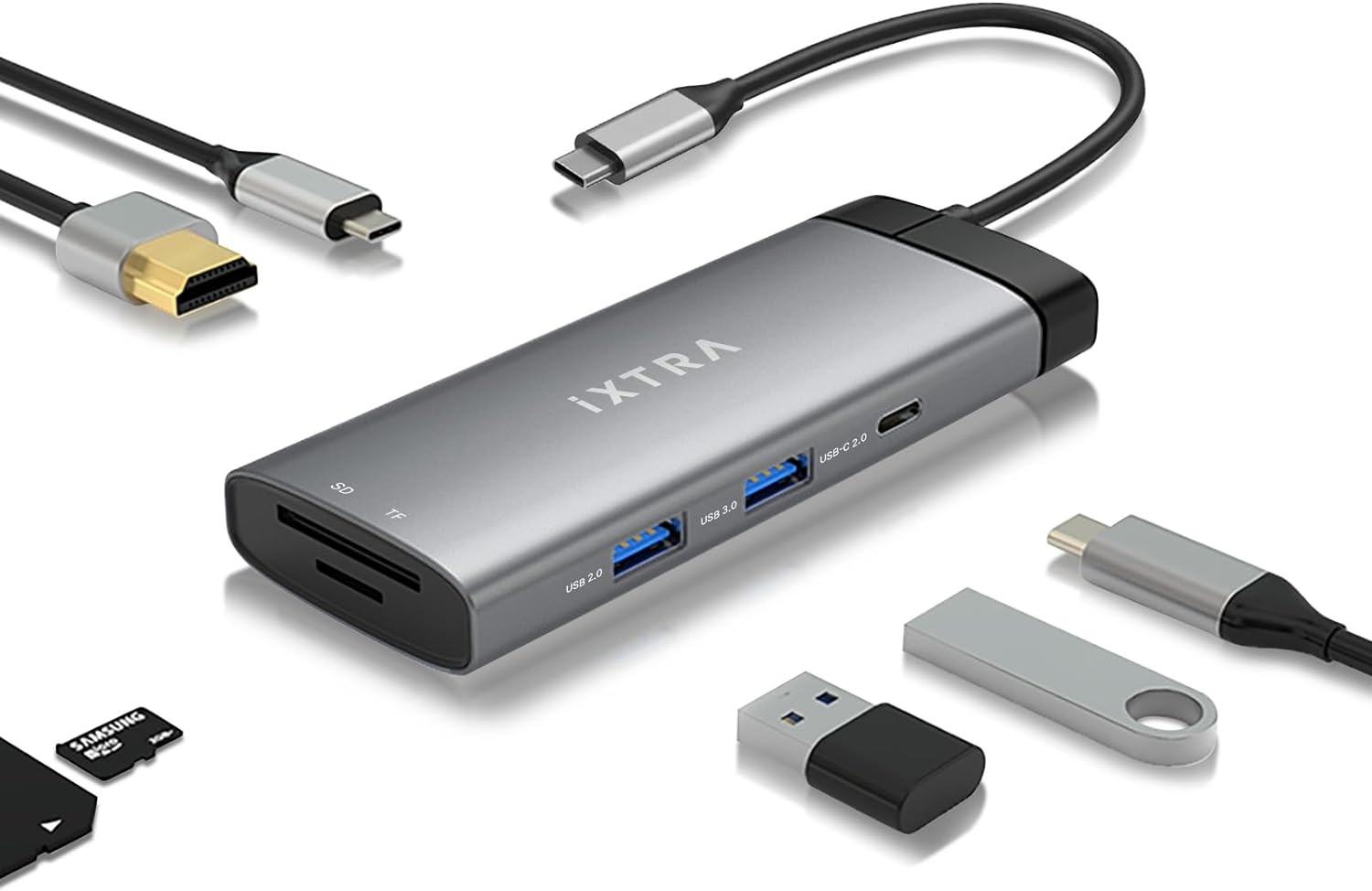 Ixtra USB C Hub, 7-In-1 USB-C Multiport Adapter with 4K HDMI, SD/TF Card Reader,100W Power Delivery, 1 USB 3.0 Port & 2 USB 2.0 Ports for Macbook Pro/Air, Imac, Ipad Pro, Surface Pro 7/8, XPS (Grey)