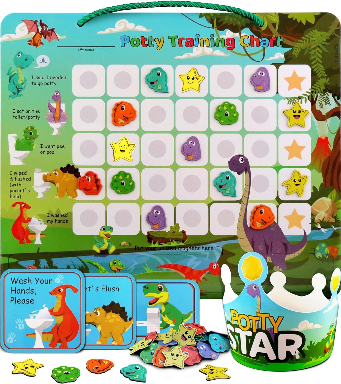 Dinosaur Potty Training Chart & 35 Magnetic Stickers – Potty Chart, Potty Training Sticker Chart, Potty Training Chart for Toddlers Boys, Potty Training Stickers, Potty Chart for Girls with Stickers