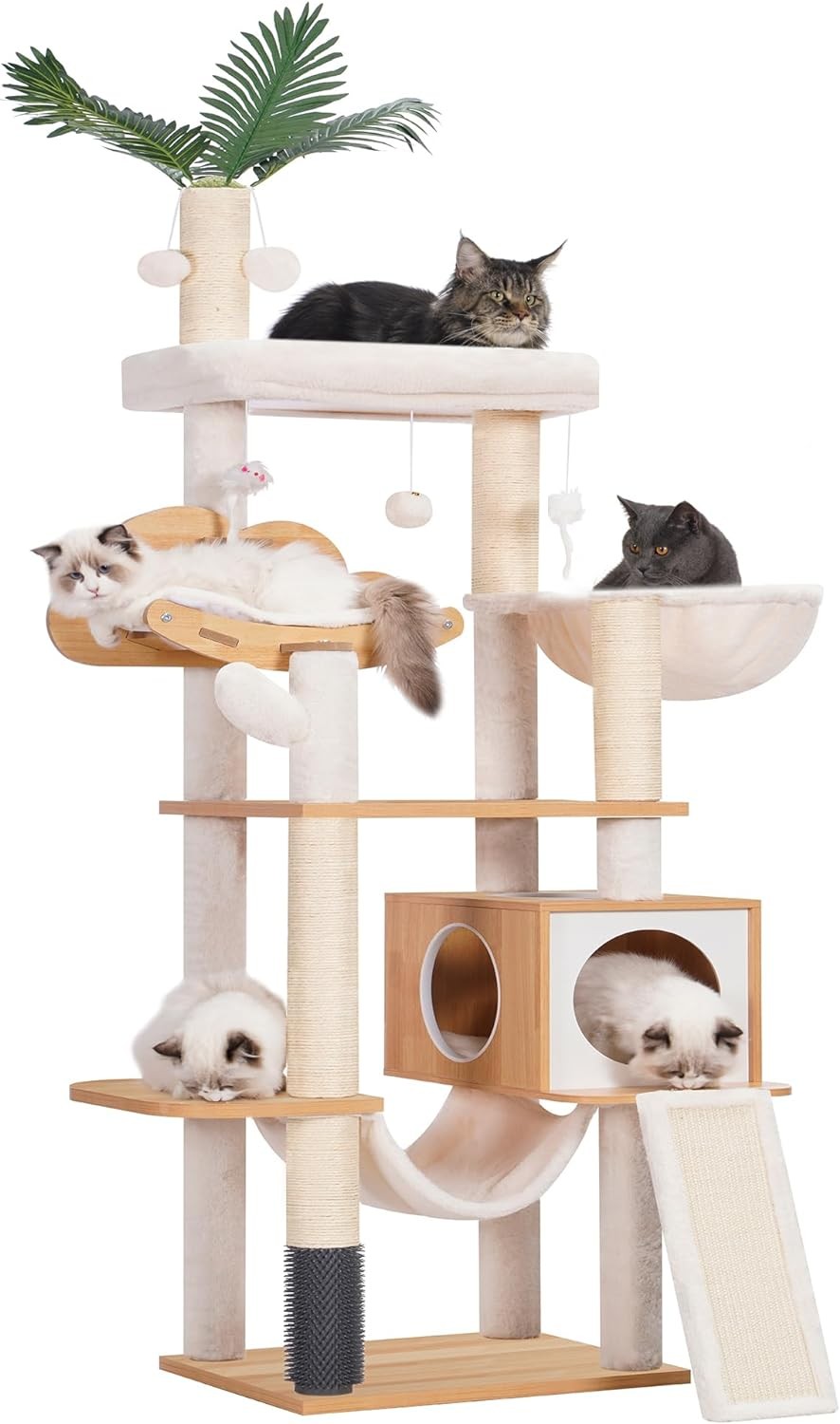 Hebly Wood Cat Tree for Indoor Cats, Cat Condo for Large Cats with Self Groomer,Modern Cat Scratching Tower with Basket,Hammock,Dangling Ball and Leaves,Walnut HCT120WB