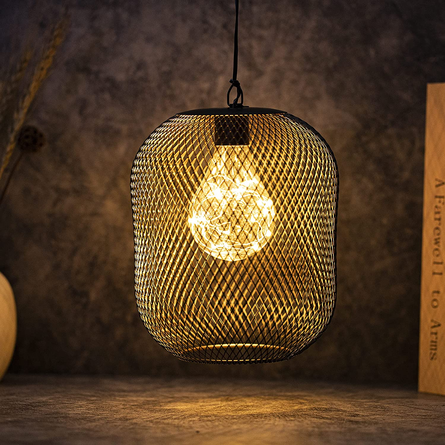 TRIROCKS Battery Operated Hanging Lamp 21.5 Cm High Metal Mesh Lanterns with Warm Fairy Lights Bulb for Christmas Home Living Room Garden Patio Parties Events Tabletop Indoors Outdoors (Black)