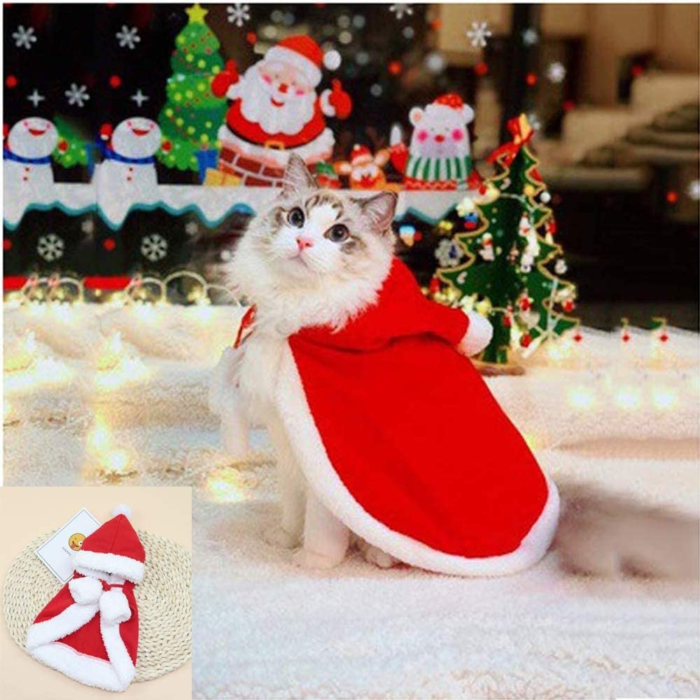 Zhenpony Cat Costume Pet Christmas Costume with Bells Soft Thick Fabric Red Velvet Pet Cape Cat Cloak with Christmas Hat Cat Apparel for Cats and Puppy