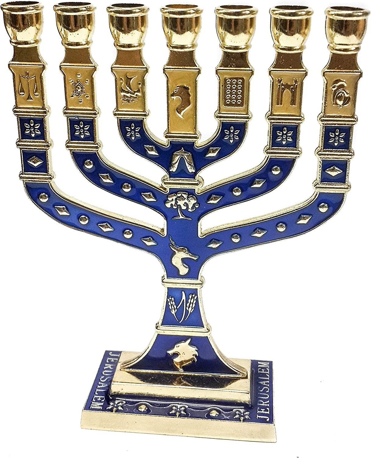 Golden Menorah 7 Branch 12 Tribes of Israel Jerusalem Menora Blue Enamel 4.7