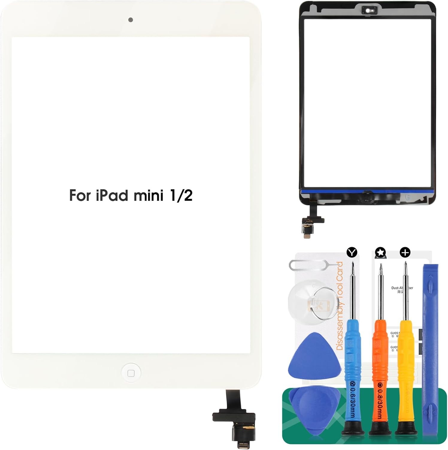 For Ipad Mini 2 Touch Screen Replacement, A1432 A1454 A1455 A1489 A1490 Digitizer Replacement Glass Repair Parts, with IC Chip,Home Button,Cameral Holder,Tempered Glass Include,White