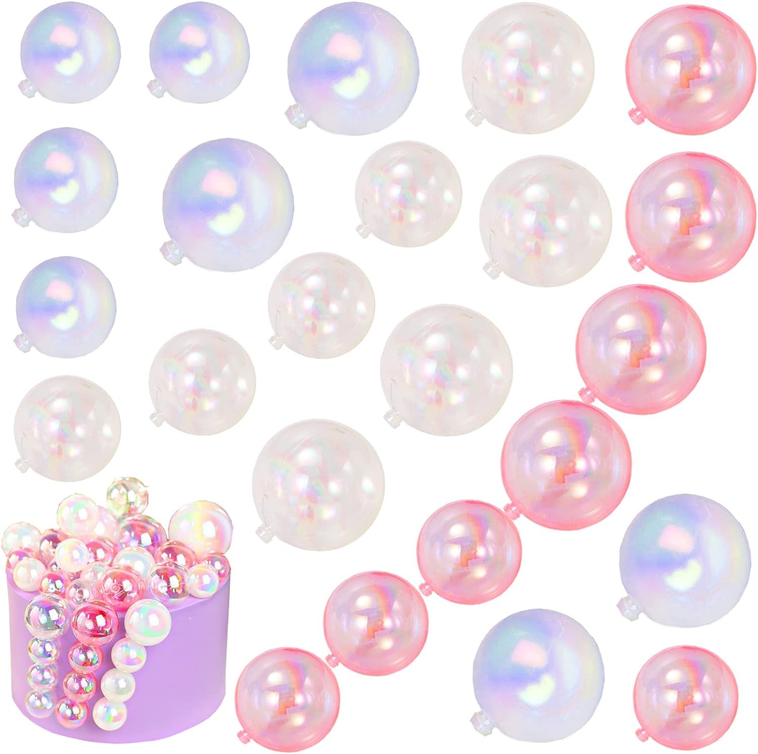 24 PCS Bubble Balls Cake Toppers Mini Balloon Cake Topper Pearl Insert Cupcake DIY Decoration for Wedding Anniversary Graduation Birthday Party Baby Shower (Clear White Pink)