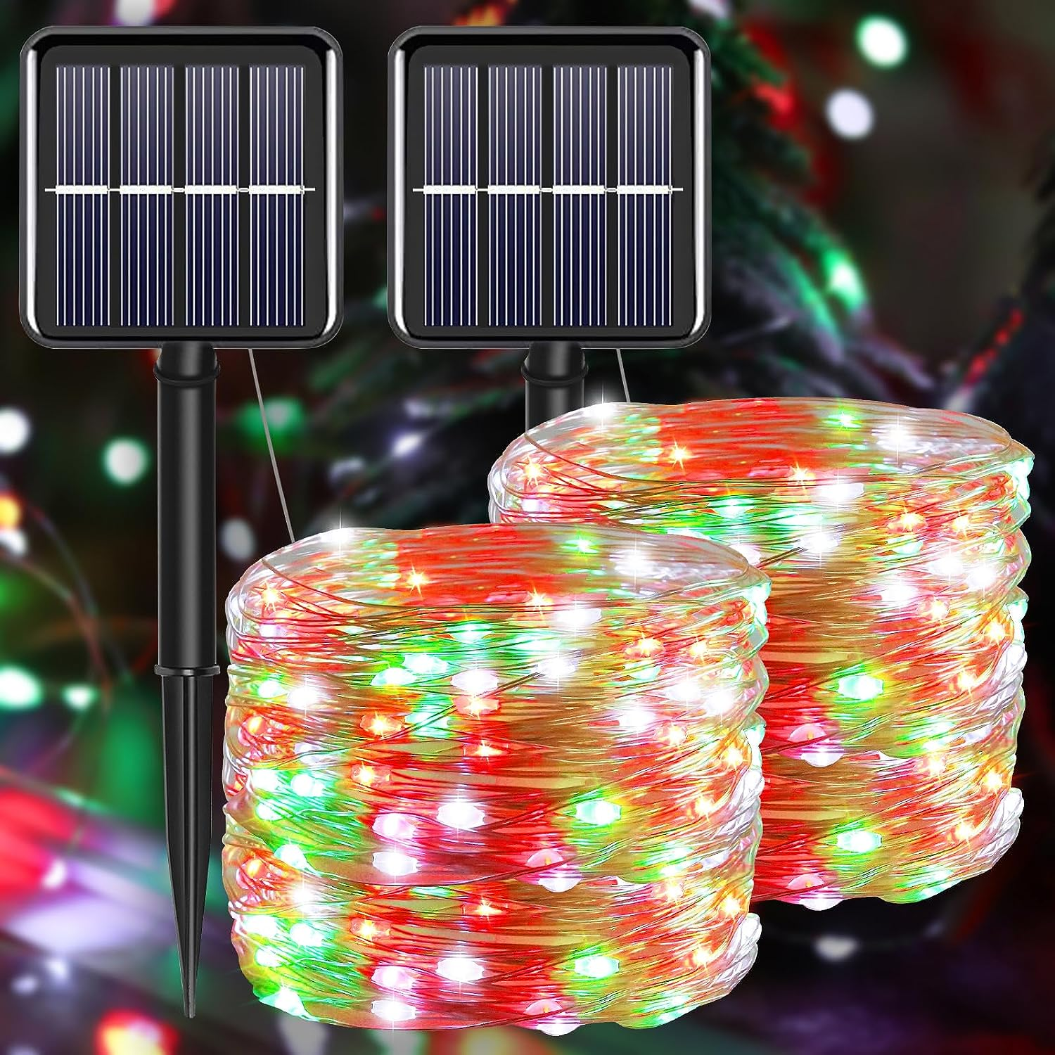 Solar Christmas String Lights Outdoor,Red White Green Fairy Lights, IP67 Waterproof 2PACK Total 200LED 66FT with 8Modes, outside Christmas Decorations Lights for Tree, Garden, Patio, Fence, Balcony