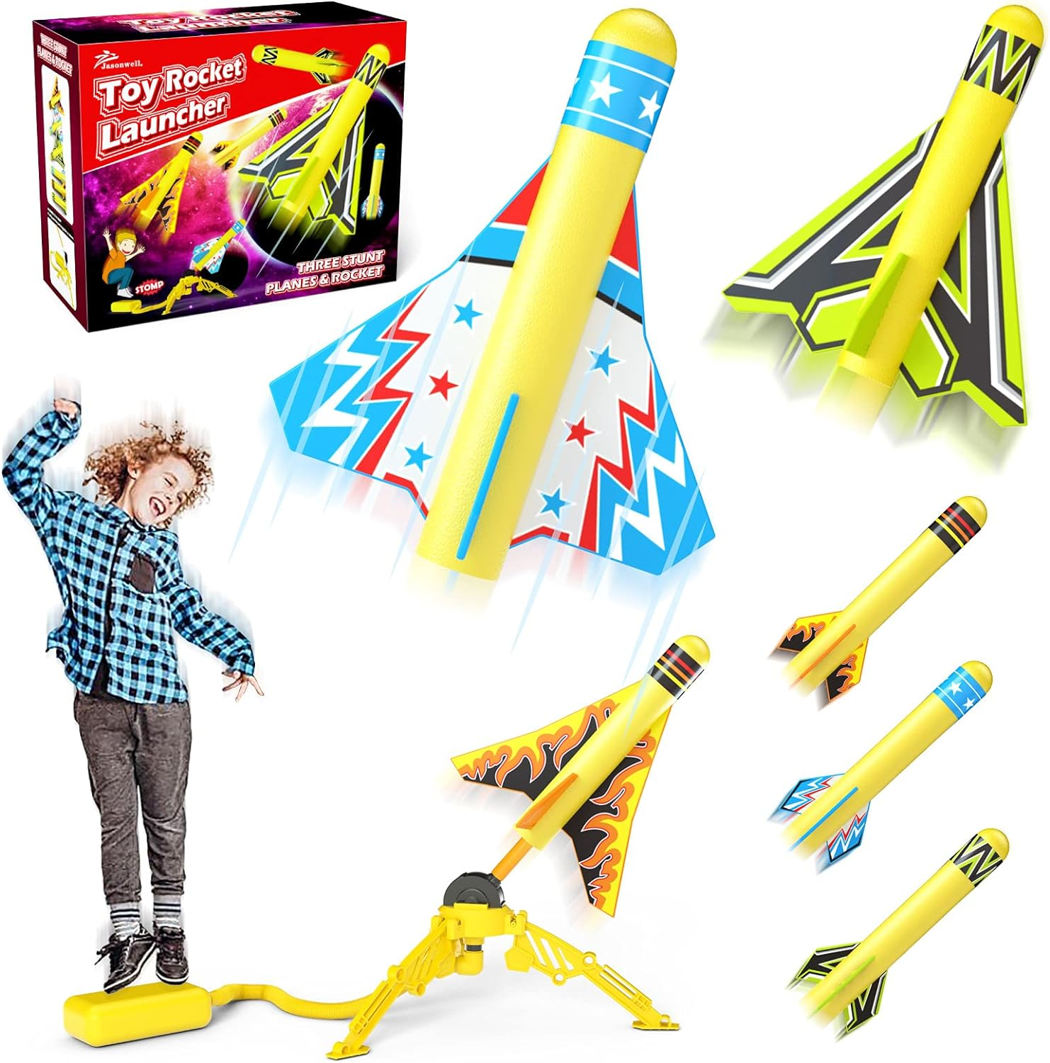 Jasonwell Toy Rocket Launcher for Kids Sturdy Stomp Launch Toys Fun Outdoor Toy for Kids Boys and Girls Age 5 6 7 8 9 10 Years Old with 3 Foam Rockets and 3 Stunt Planes Gift