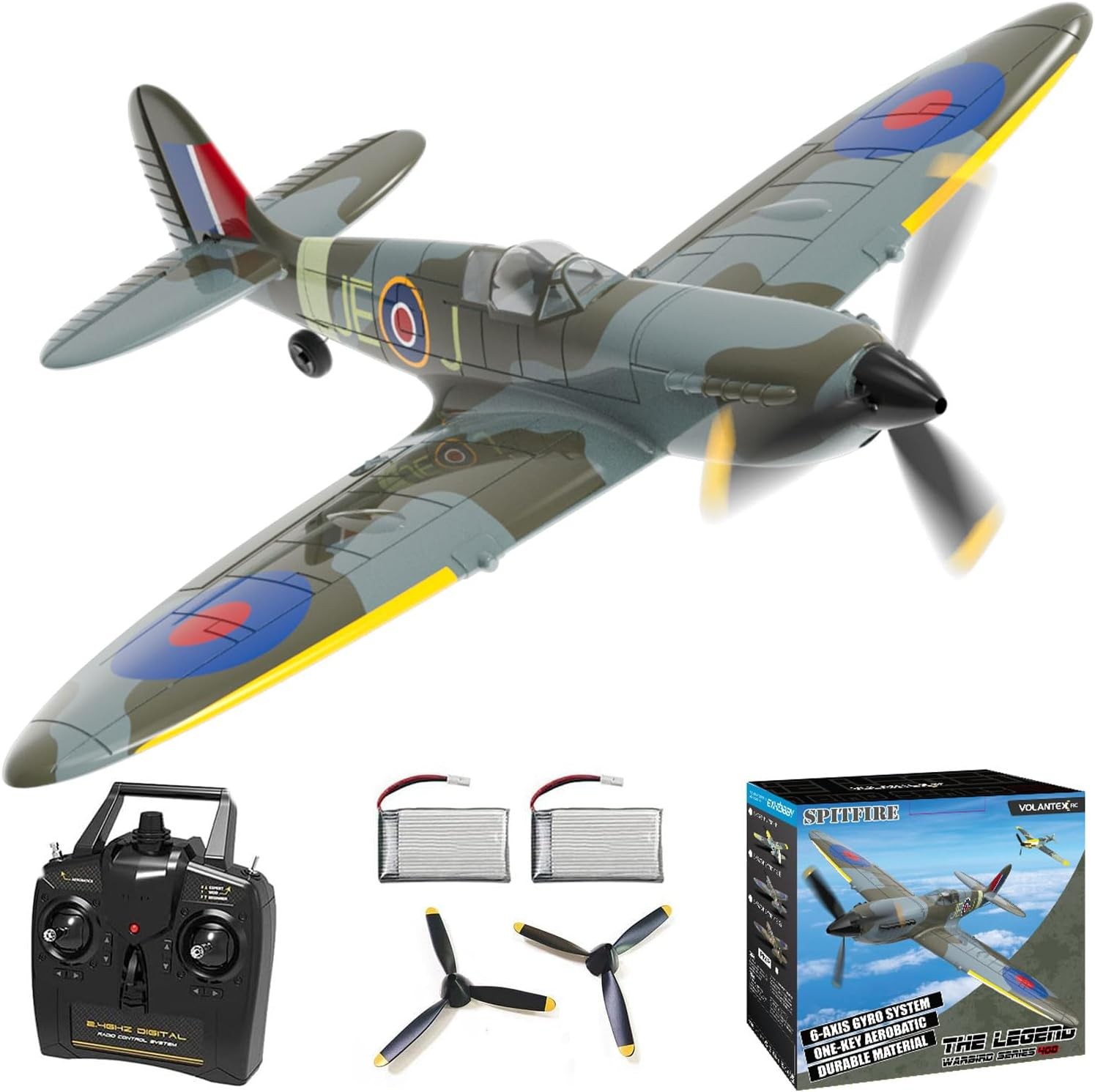 KAIMIO Volantex 4-Channel RC Plane,Spitfire-Blue,Fixed Wing, One-Touch Aerobatics, 400Mm Wingspan, 2 Batteries, 20 Minutes Flight Time, under 100G, Suitable for Novice Outdoor Practice(Rtf)