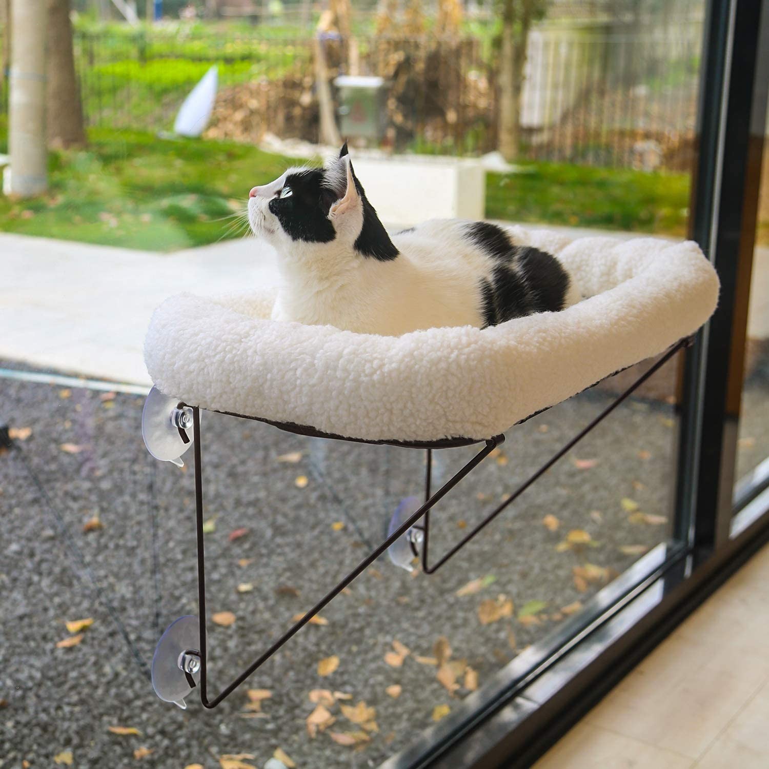 Zakkart Cat Window Perch – 100% Metal Supported from below – Comes with Warm Spacious Pet Bed – Cat Window Hammock for Large Cats & Kittens – for Sunbathing, Napping & Overlooking (White)