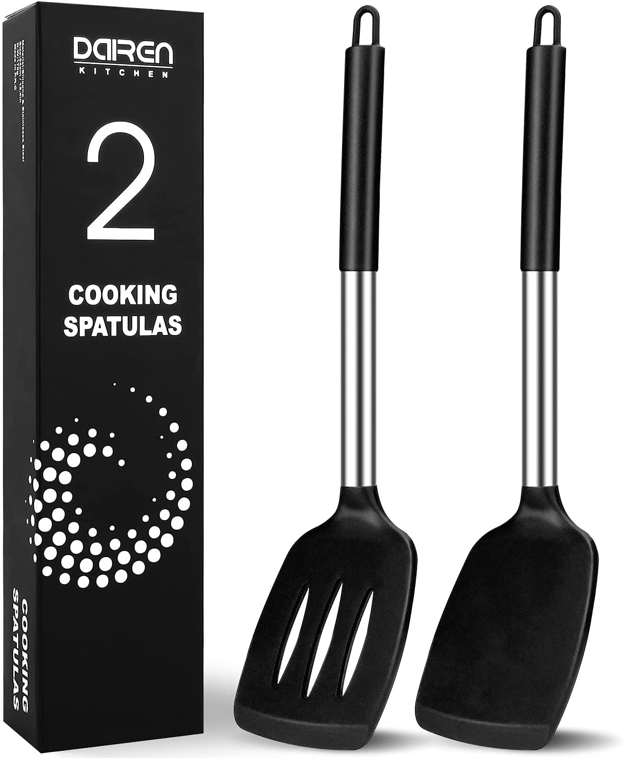 2 Pack Silicone Spatulas Turners, Stainless Steel Cooking Utensils BPA Free,Heat Resistant,Non Stick,Rubber Spatulas for Fish, Eggs, Pancakes, WOK, Black