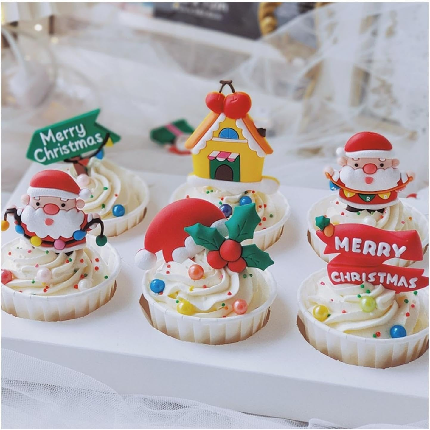 6Pcs Edible Christmas Cake Cupcake Toppers Soft Silicone Christmas Cake Decorations, Santa Clause Xmas Holiday Cake Picks Decors for Christmas Party Baby Shower Kids Birthday Winter Theme Supplies