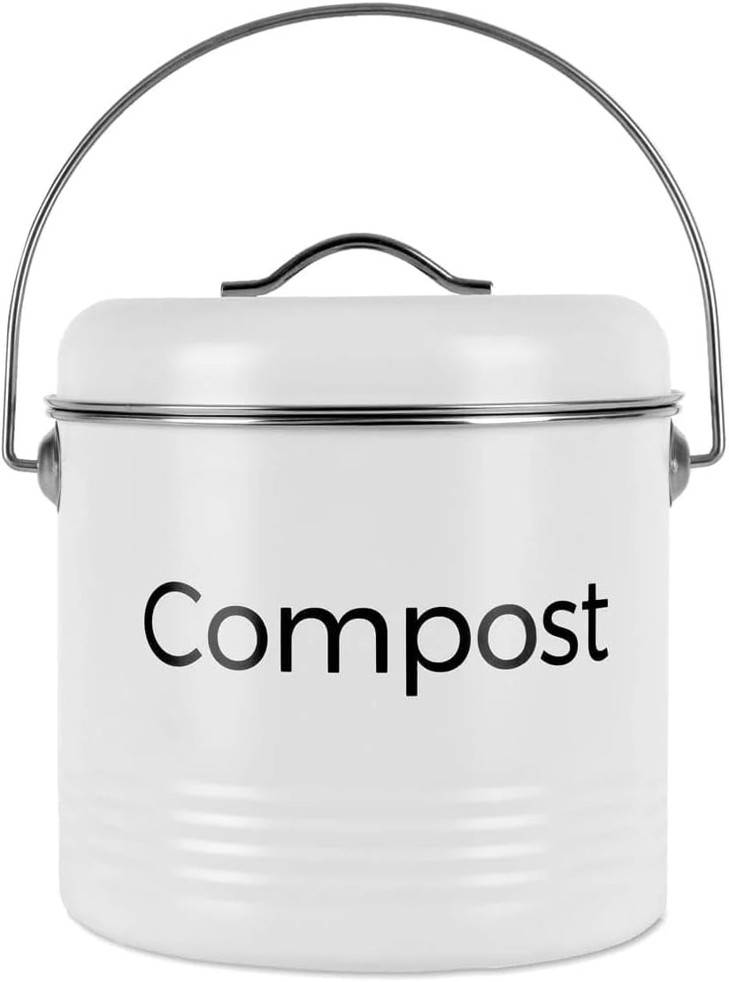 Living Today Kitchen Compost Bin,3.5L Indoor Countertop Scraps Caddy, Metal Odorless Food Waste Compost Bucket Trash Keeper Container with Carbon Filter,Lid,Handle (3.5L Compost Bin)