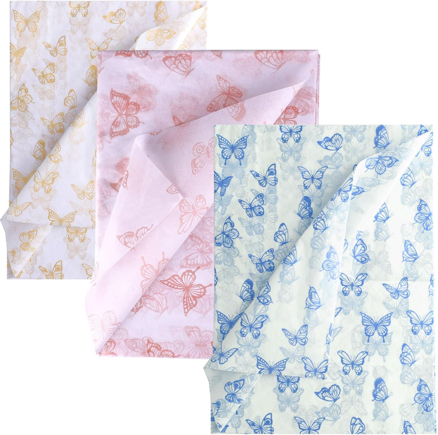 45Pcs Butterfly Tissue Paper Sheets, 14X20Inch Gold & Rose Gold & Blue Wrapping Tissue Paper Sheets for Packaging Christmas Wedding Birthday Party Baby Showers DIY Crafts Arts (White Background)