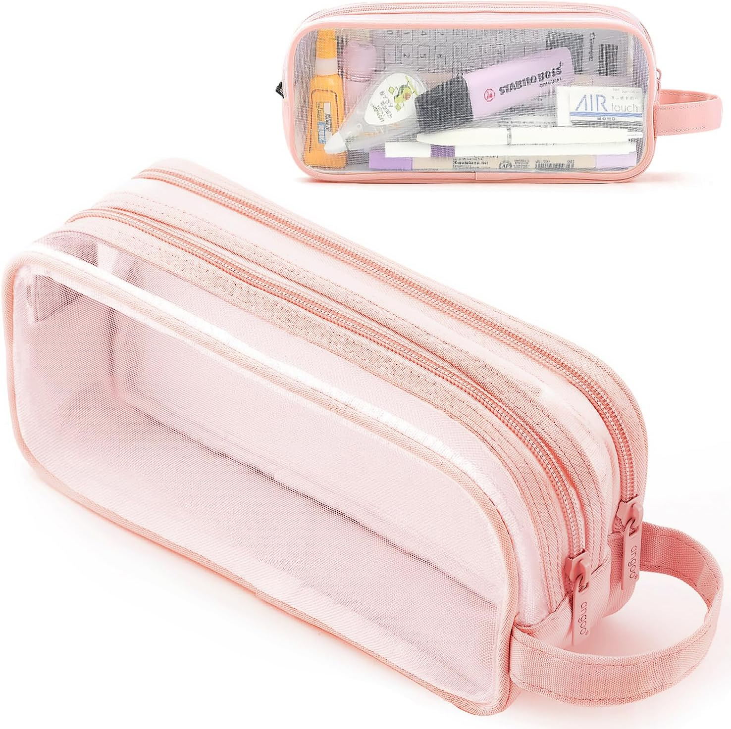 Large Grid Mesh Pencil Case 2 Compartments, Clear Pen Pencil Pouch with Zipper, Multifunction Transparent Stationery Bag for Student College Office Teen Boys Girls Makeup Bag for Adults Travel (Pink)